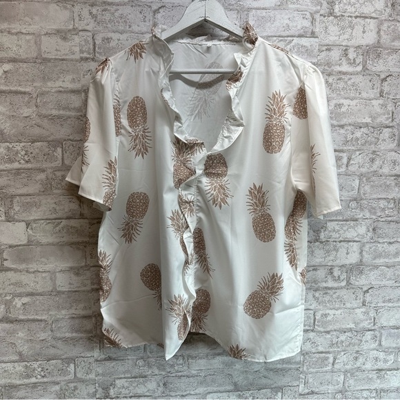 PINEAPPLE short sleeve blouse women’s 5XL white‎ tan ruffles spandex blend - Picture 1 of 7